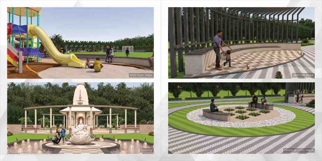 Temple zone and landscaped seating area at The Knowledge Park Jaipur
